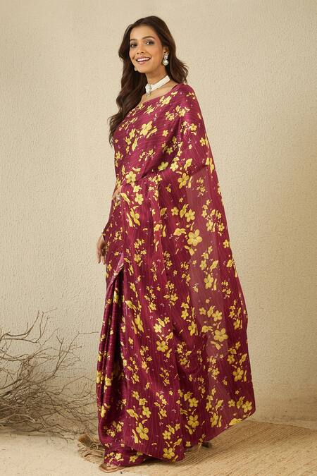 Shop Label Nitika Maroon Floral Print Saree With Blouse Piece Online at Aza Fashions Shop_Label Nitika_Maroon Floral Print Saree With Blouse Piece _Online_at_Aza_Fashions