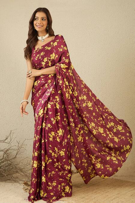 Label Nitika Maroon Floral Print Saree With Blouse Piece at Aza Fashions Label Nitika_Maroon Floral Print Saree With Blouse Piece _at_Aza_Fashions