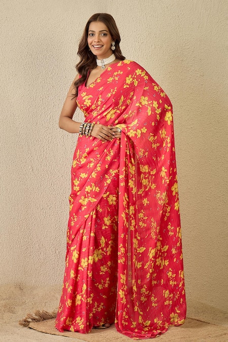 Label Nitika Floral Print Fuschia Saree With Blouse Piece 