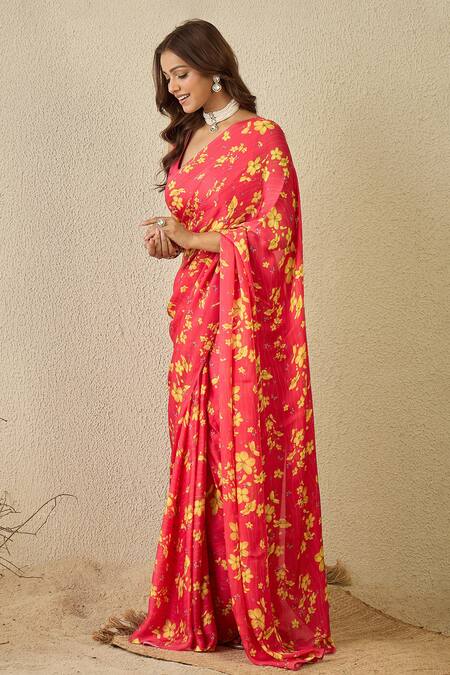 Label Nitika_Fuchsia Satin, Georgette Square Neck Saree With Stitched Blouse _Online_at_Aza_Fashions