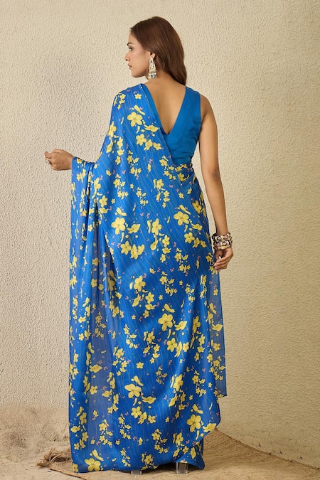 Label Nitika Royal Blue Satin Georgette Saree With Stitched Blouse 