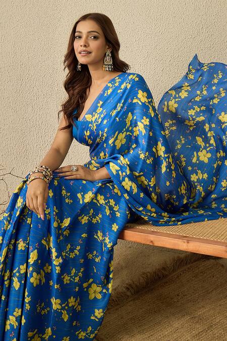 Buy_Label Nitika_Blue Satin, Georgette Square Neck Royal Saree With Stitched Blouse 