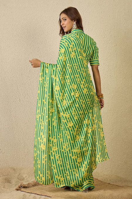 Label Nitika Emerald Green Striped Saree With Unstitched Blouse Piece 