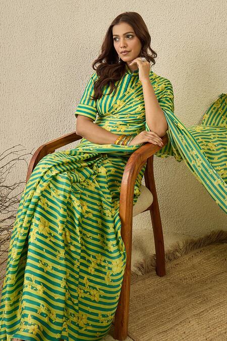Shop_Label Nitika_Green Satin, Georgette Emerald Striped Saree With Unstitched Blouse Piece _Online_at_Aza_Fashions