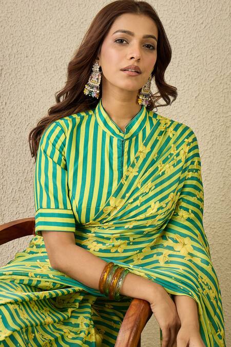 Label Nitika_Green Satin, Georgette Emerald Striped Saree With Unstitched Blouse Piece _at_Aza_Fashions