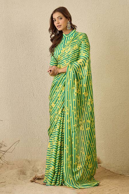Buy_Label Nitika_Green Satin, Georgette, Cotton Emerald Striped Saree With Stitched Blouse _Online_at_Aza_Fashions