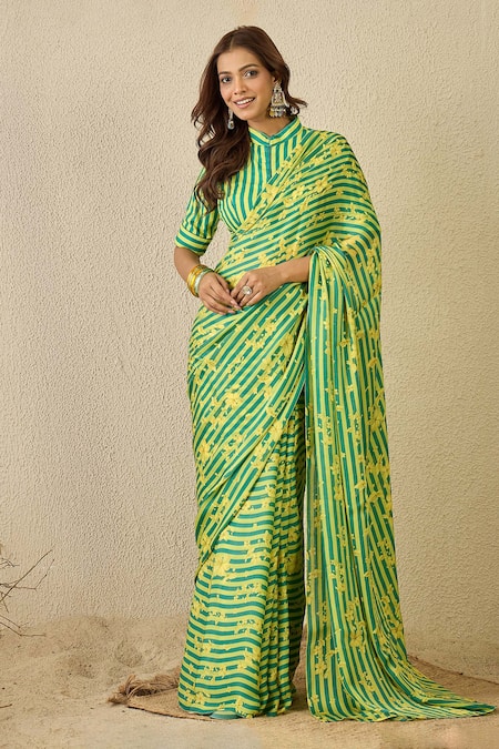 Label Nitika Green & Yellow Striped Saree Set 
