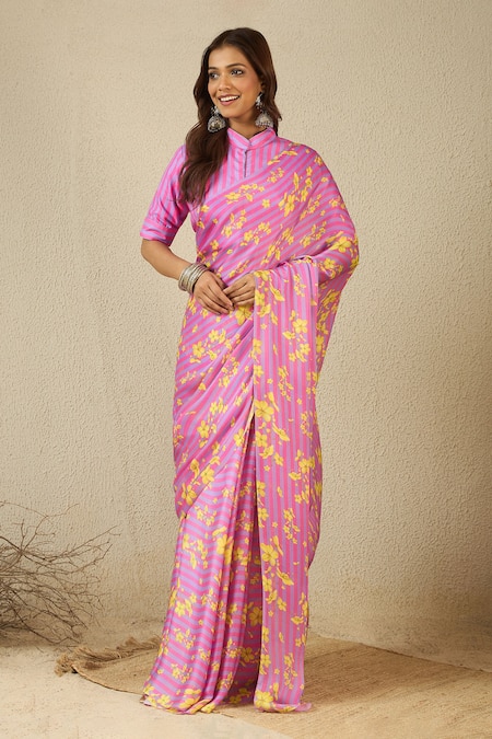 Label Nitika Floral Print Satin Georgette Saree Set 