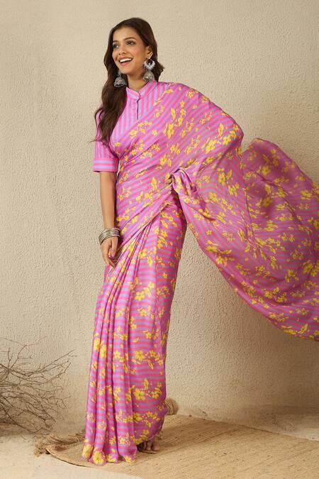 Buy_Label Nitika_Purple Satin, Georgette Floral Print Saree Set 