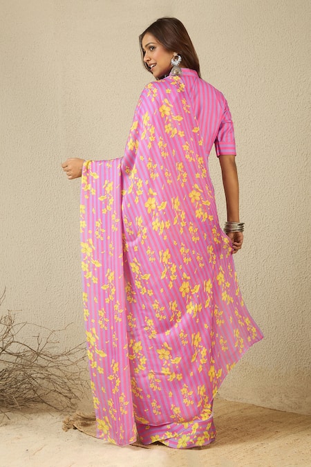 Label Nitika Purple Pink Striped Saree With Stitched Blouse 
