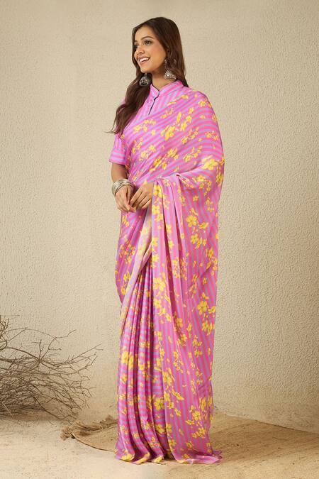 Shop_Label Nitika_Purple Satin, Georgette, Cotton Mandarin Pink Striped Saree With Stitched Blouse 
