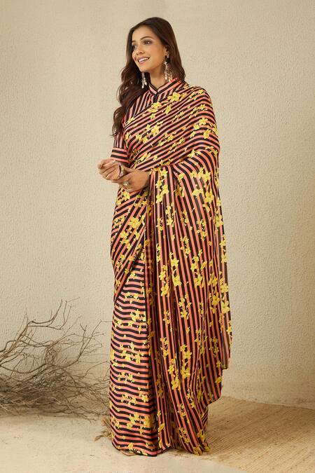 Buy_Label Nitika_Black Satin, Georgette, Cotton Designer Striped Saree With Blouse Piece _Online_at_Aza_Fashions