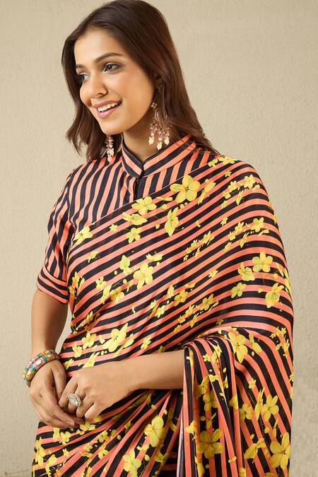 Shop_Label Nitika_Black Satin, Georgette, Cotton Designer Striped Saree With Blouse Piece _Online_at_Aza_Fashions