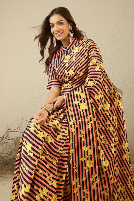 Buy_Label Nitika_Black Satin, Georgette, Cotton Designer Striped Saree With Blouse Piece 