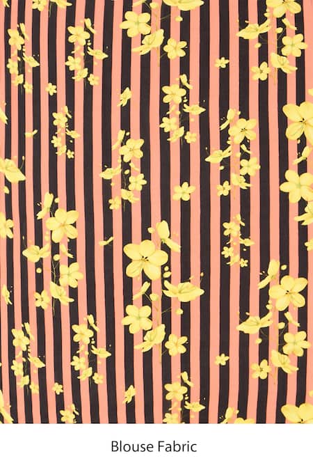 Label Nitika_Black Satin, Georgette, Cotton Round Coral Striped Saree With Stitched Blouse _Online_at_Aza_Fashions