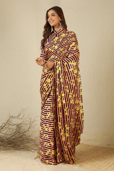 Buy_Label Nitika_Black Satin, Georgette, Cotton Round Coral Striped Saree With Stitched Blouse _Online_at_Aza_Fashions