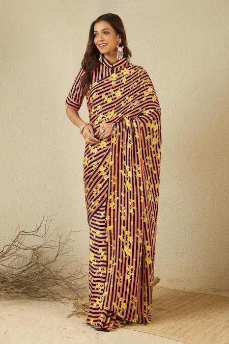 Label Nitika_Black Satin, Georgette, Cotton Round Coral Striped Saree With Stitched Blouse _at_Aza_Fashions