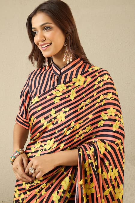 Buy_Label Nitika_Black Satin, Georgette, Cotton Round Coral Striped Saree With Stitched Blouse 