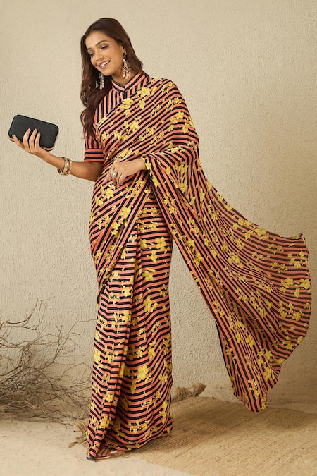 Label Nitika Striped Floral Print Saree & Stitched Blouse 