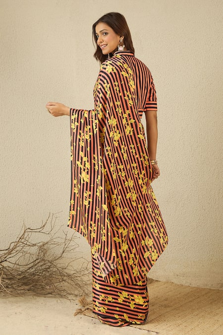 Label Nitika Black Coral Striped Saree With Stitched Blouse 