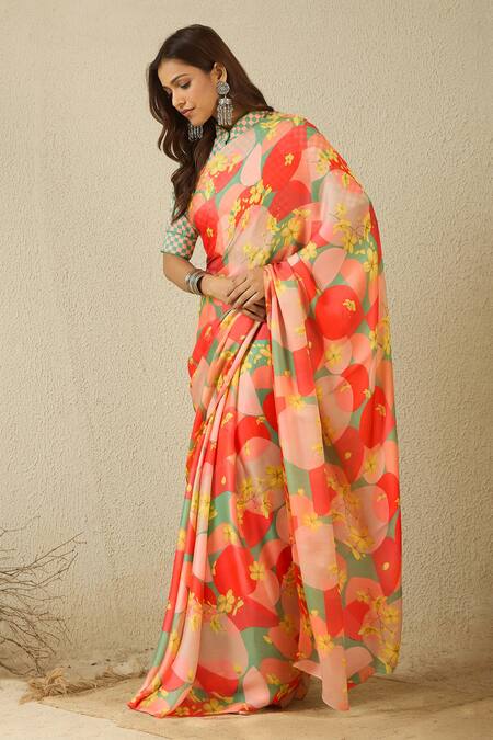 Label Nitika_Orange Satin, Georgette Floral Print Saree Set _at_Aza_Fashions