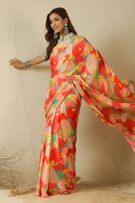 Buy_Label Nitika_Orange Satin, Georgette Floral Print Saree Set 