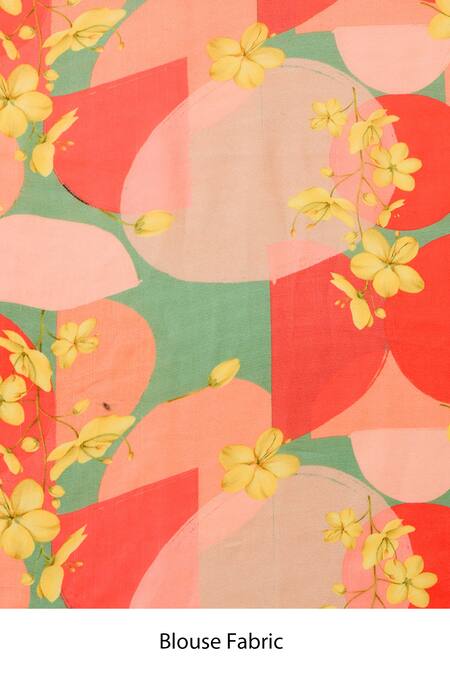 Buy_Label Nitika_Orange Satin, Georgette, Cotton Abstract Saree With Checks Print Stitched Blouse 