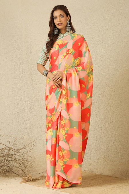 Shop_Label Nitika_Orange Satin, Georgette, Cotton Abstract Saree With Checks Print Stitched Blouse 
