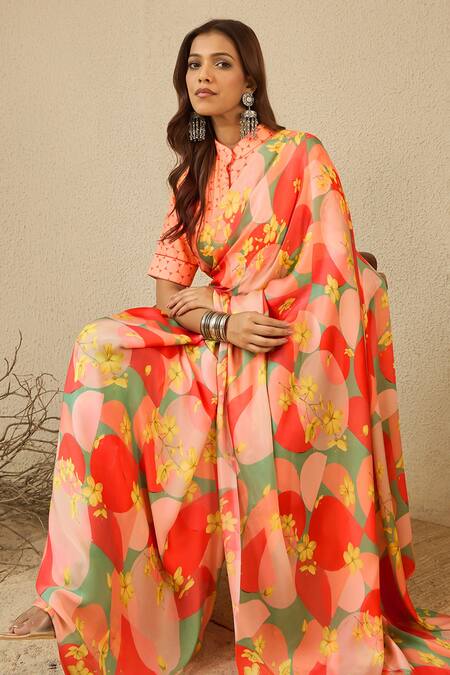 Shop Label Nitika Orange Satin, Georgette Collared Circle Print Saree And Stitched Blouse Online at Aza Fashions Shop_Label Nitika_Orange Satin, Georgette Collared Circle Print Saree And Stitched Blouse _Online_at_Aza_Fashions