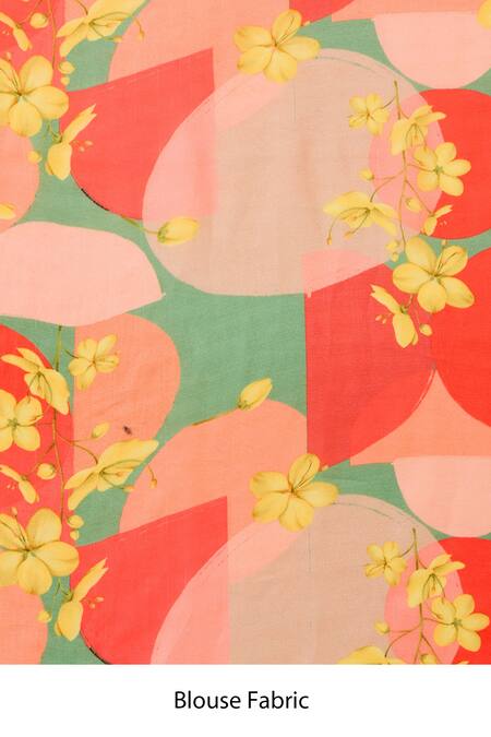 Label Nitika Orange Satin, Georgette Collared Circle Print Saree And Stitched Blouse at Aza Fashions Label Nitika_Orange Satin, Georgette Collared Circle Print Saree And Stitched Blouse _at_Aza_Fashions