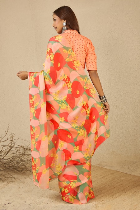 Label Nitika Orange Circle Print Saree & Stitched Blouse 