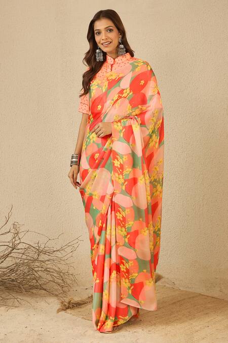 Buy Label Nitika Orange Satin, Georgette Collared Circle Print Saree And Stitched Blouse Buy_Label Nitika_Orange Satin, Georgette Collared Circle Print Saree And Stitched Blouse