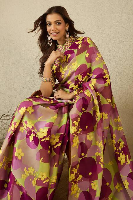 Shop_Label Nitika_Purple Satin, Georgette Floral Print Saree And Blouse _Online_at_Aza_Fashions