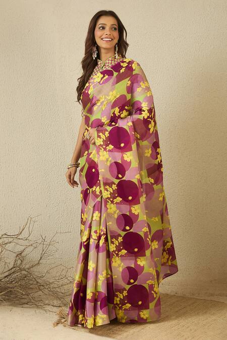 Label Nitika_Purple Satin, Georgette Floral Print Saree And Blouse _at_Aza_Fashions