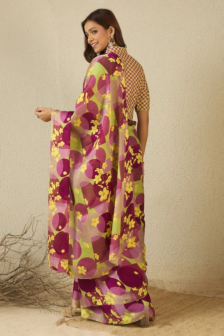 Label Nitika Plum Abstract Saree With Checks Print Stitched Blouse 