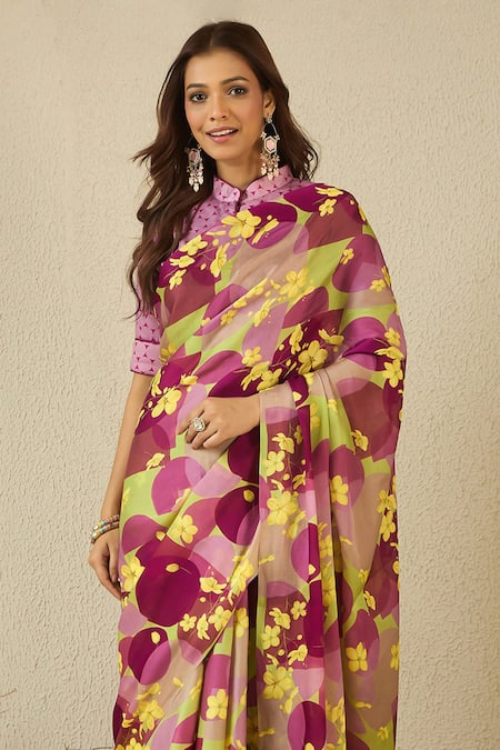 Shop_Label Nitika_Purple Satin, Georgette, Cotton Round Neck Floral Print Saree And Blouse _Online_at_Aza_Fashions