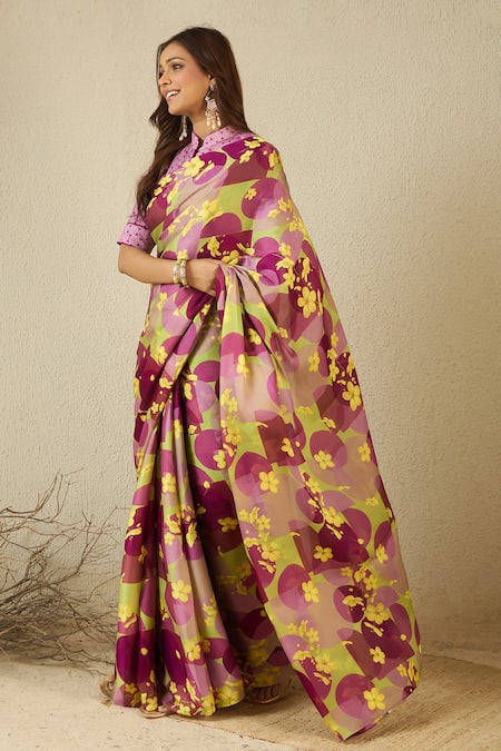 Label Nitika_Purple Satin, Georgette, Cotton Round Neck Floral Print Saree And Blouse _at_Aza_Fashions