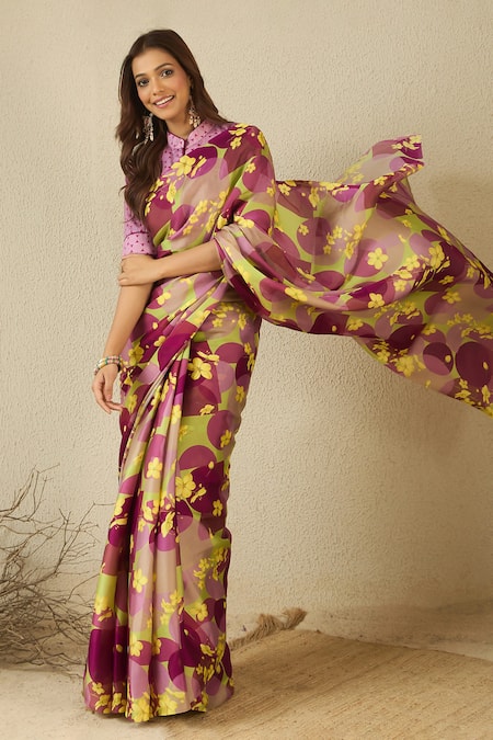 Label Nitika Floral Print Satin Georgette Saree Set 