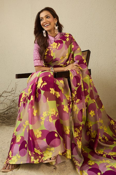 Buy_Label Nitika_Purple Satin, Georgette, Cotton Round Neck Floral Print Saree And Blouse 
