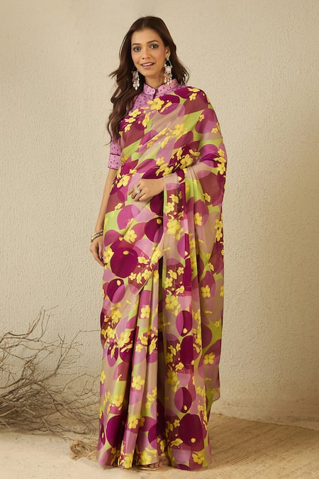 Shop_Label Nitika_Purple Satin, Georgette, Cotton Round Neck Floral Print Saree And Blouse 