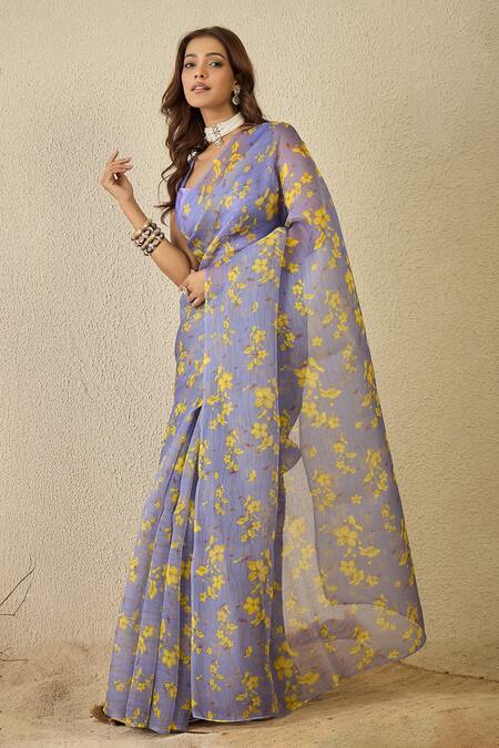 Buy_Label Nitika_Blue Silk Organza, Chanderi Floral Print Saree Set _Online_at_Aza_Fashions