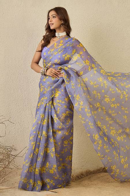 Label Nitika_Blue Silk Organza, Chanderi Floral Print Saree Set _at_Aza_Fashions