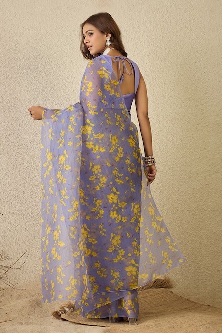 Label Nitika Moon Blue Silk Organza Saree With Stitched Blouse 