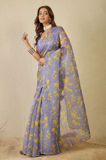 Shop_Label Nitika_Lavender Silk Organza, Chanderi Round Moon Blue Saree With Stitched Blouse _Online_at_Aza_Fashions