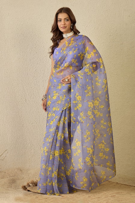 Buy_Label Nitika_Lavender Silk Organza, Chanderi Round Moon Blue Saree With Stitched Blouse 