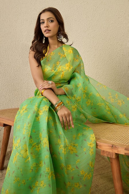 Buy_Label Nitika_Green Silk Organza, Chanderi Floral Print Saree With Unstitched Blouse _Online_at_Aza_Fashions