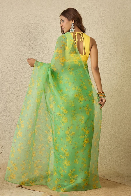 Label Nitika Floral Print Green Saree With Unstitched Blouse 