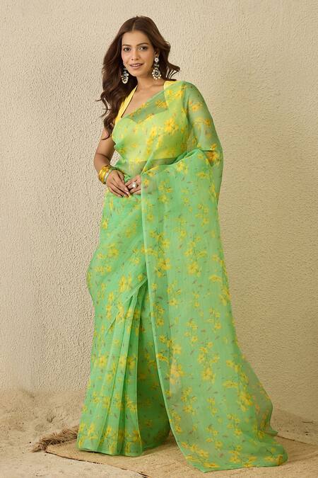 Label Nitika_Green Silk Organza, Chanderi Floral Print Saree With Unstitched Blouse _at_Aza_Fashions