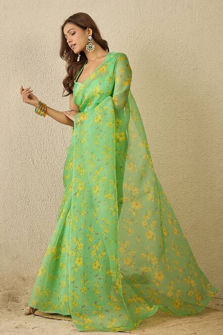 Shop_Label Nitika_Green Silk Organza, Chanderi Floral Print Saree With Blouse Piece _Online_at_Aza_Fashions