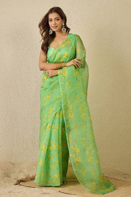 Label Nitika_Green Silk Organza, Chanderi Floral Print Saree With Blouse Piece _at_Aza_Fashions